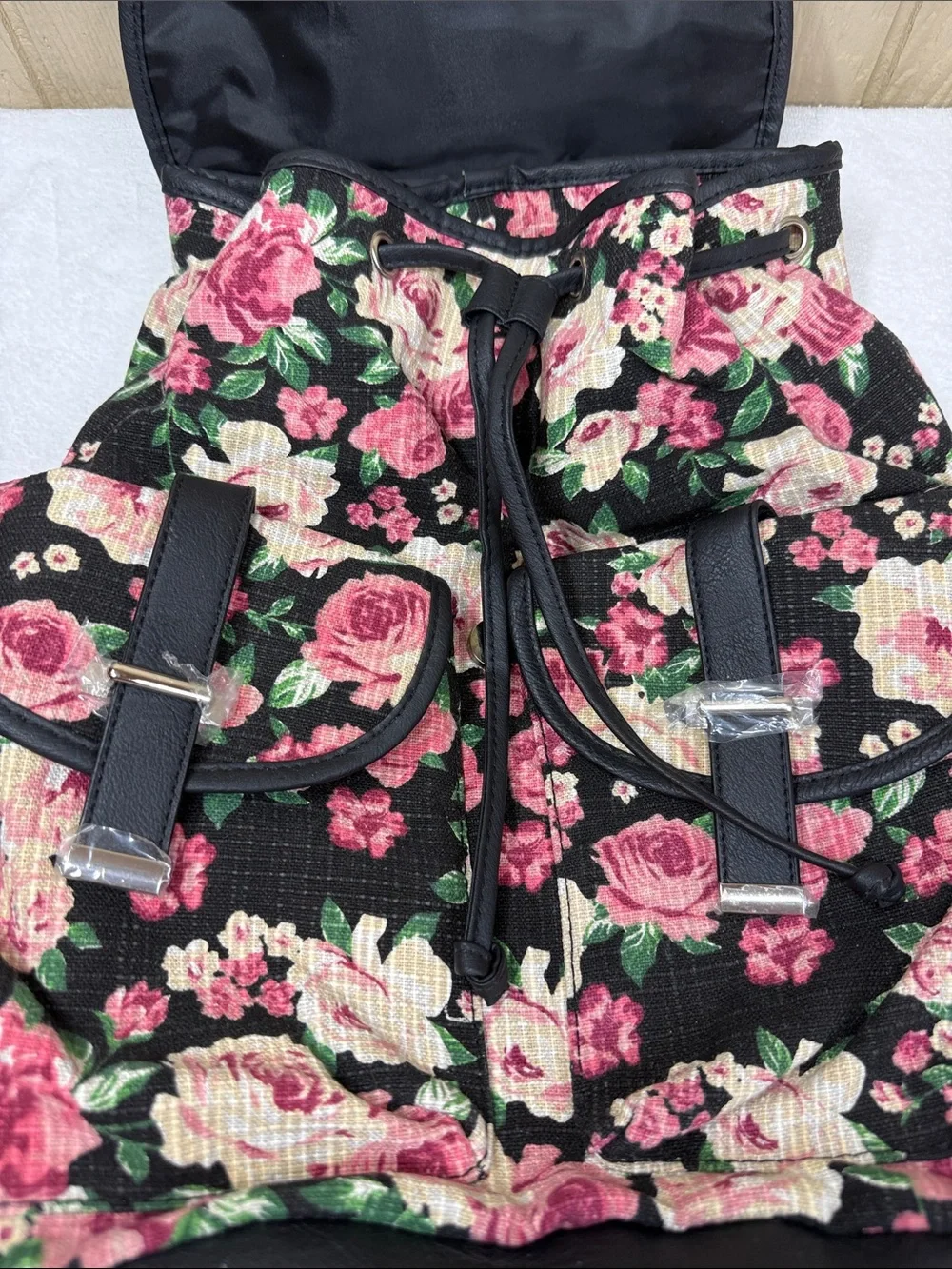 NEW Mudd Y2K Floral Canvas Backpack Pink Roses Black Cottagecore Grunge Romantic